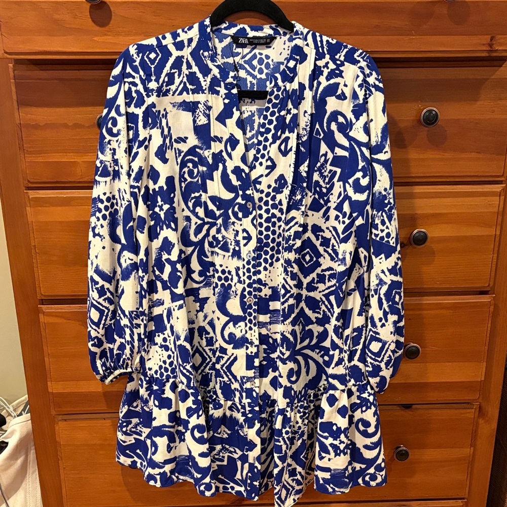 Zara Blue and White Patterned Dress